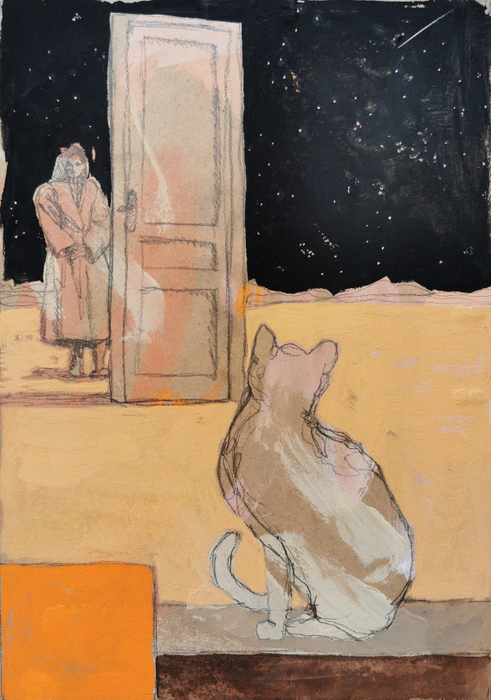 chat ciel étoilé V - 21x30 - tempera